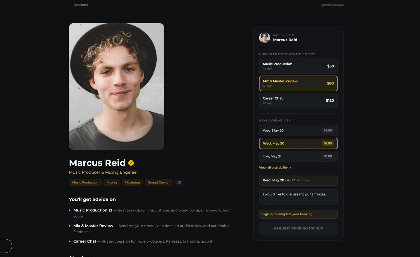 LiveDiff booking page, Marcus Reid
